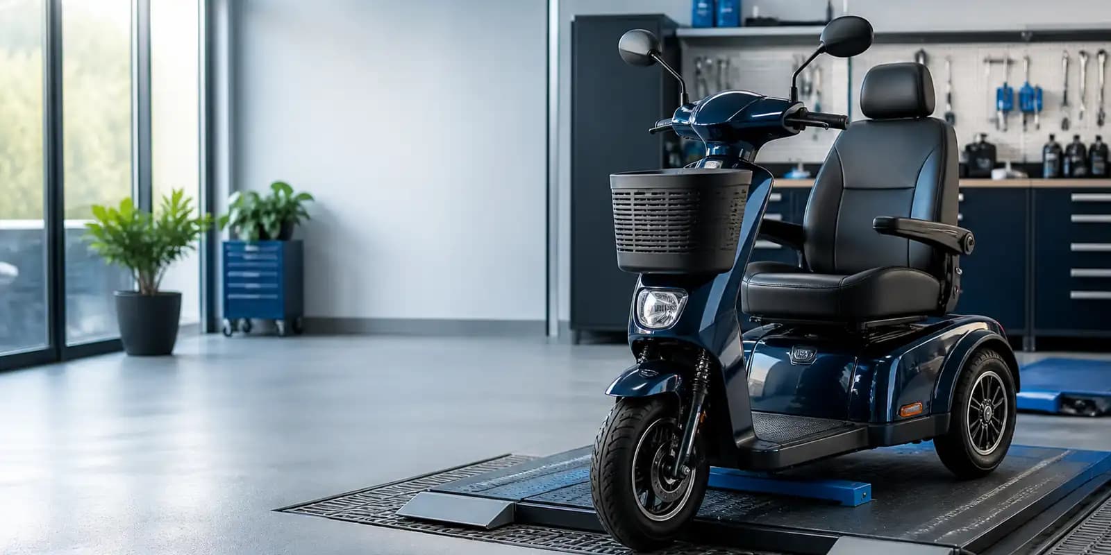 Mobilitätsscooter auf einer Prüfplattform in einer modernen Werkstatt
